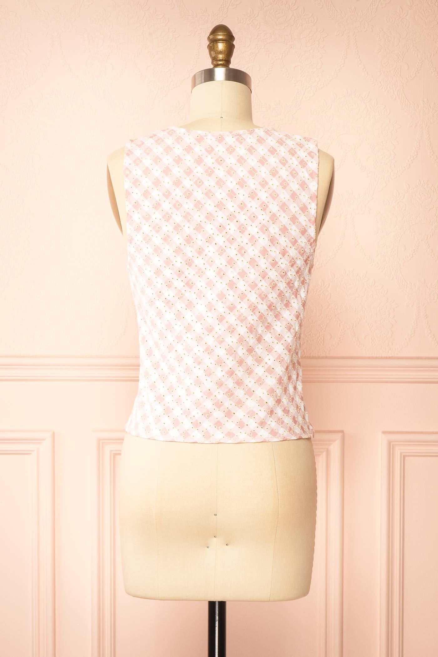 Sayama | Pink Gingham Eyelet V-Neck Top with Front Tie