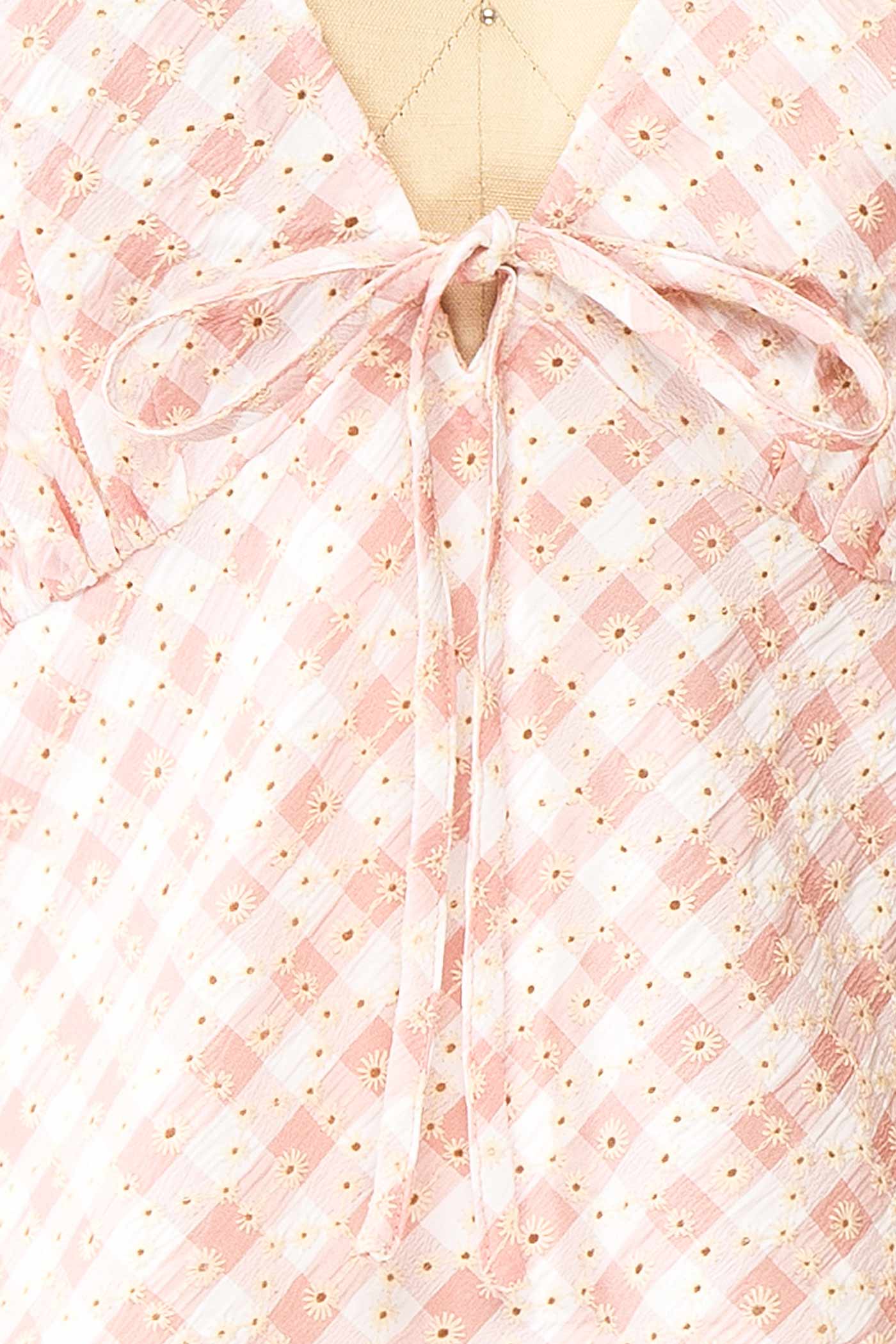 Sayama | Pink Gingham Eyelet V-Neck Top with Front Tie