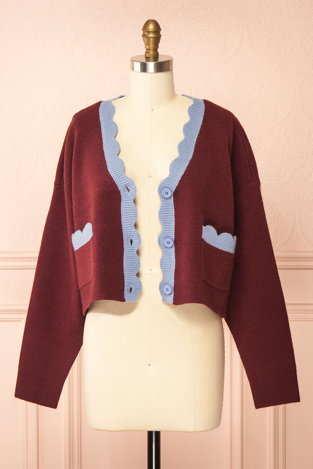 Sayda Burgundy Cropped Cardigan with Scalloped Hem | Boutique 1861 open view
