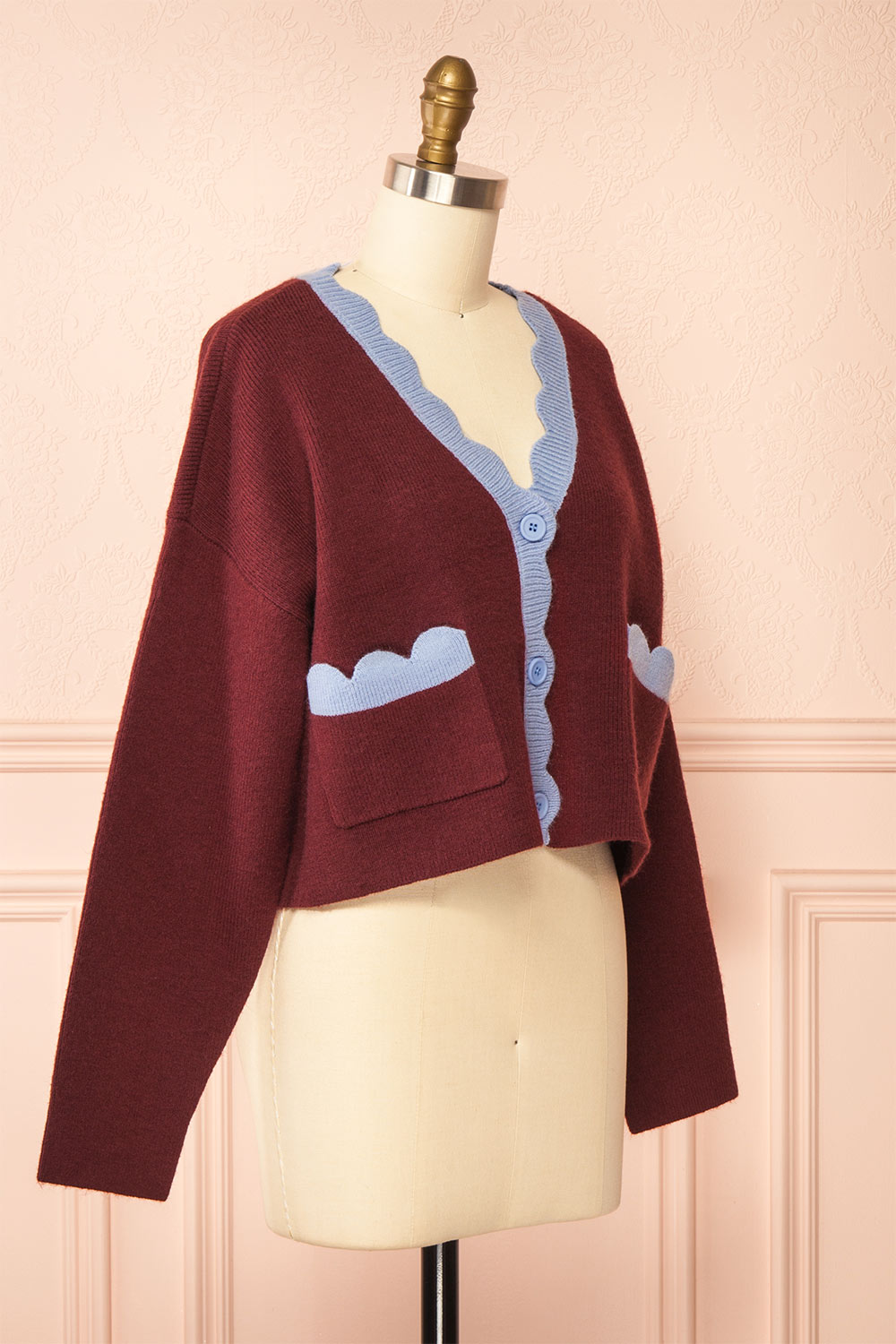 Sayda Burgundy Cropped Cardigan with Scalloped Hem | Boutique 1861 side view