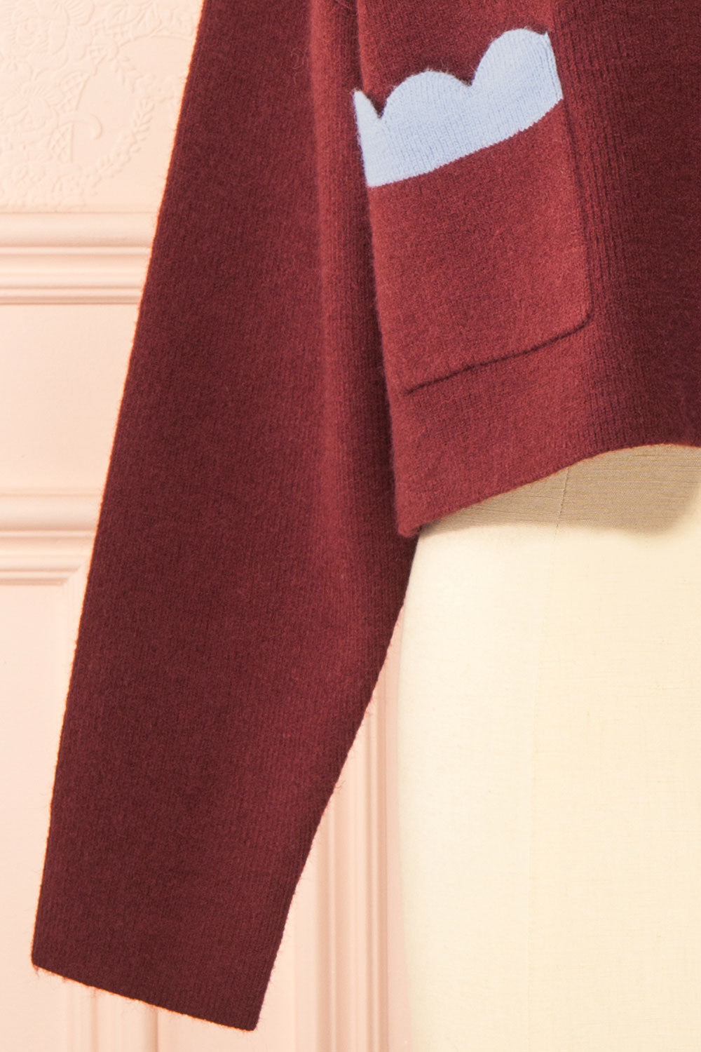 Sayda Burgundy Cropped Cardigan with Scalloped Hem | Boutique 1861 sleeve