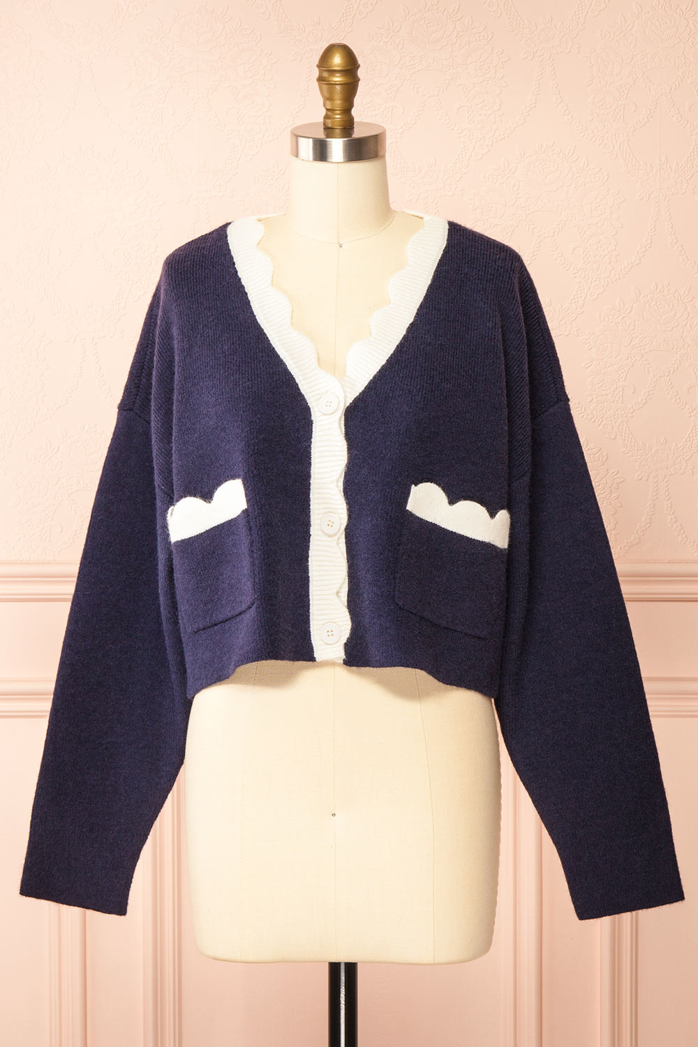 Sayda Navy Cropped Cardigan with Scalloped Hem | Boutique 1861 front view