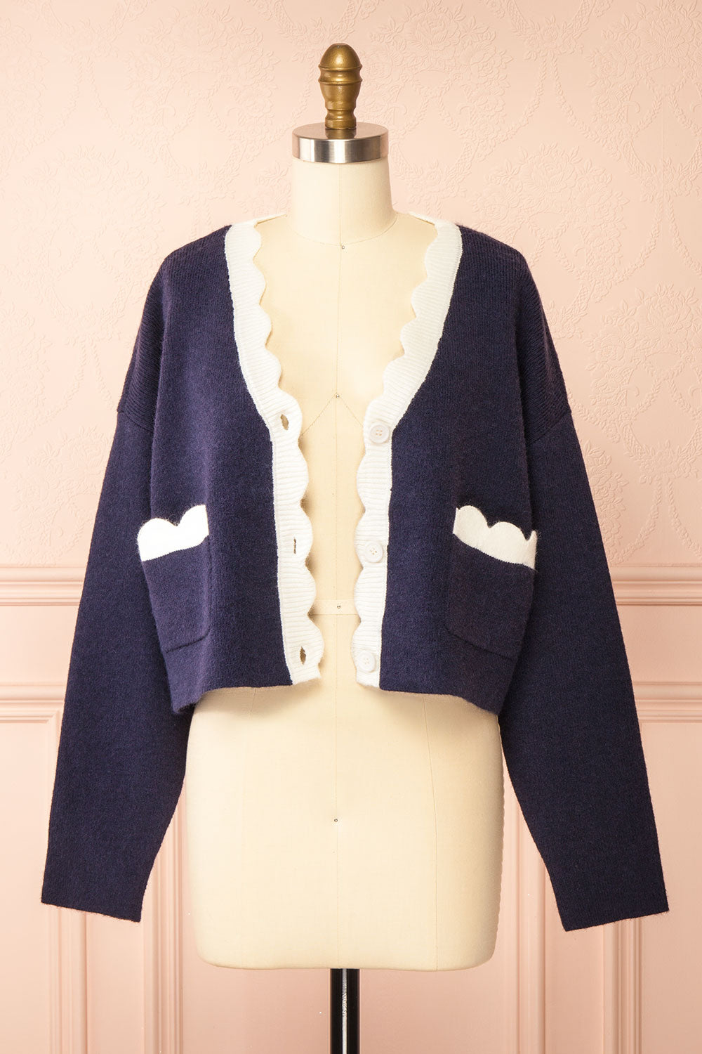 Sayda Navy Cropped Cardigan with Scalloped Hem | Boutique 1861 open