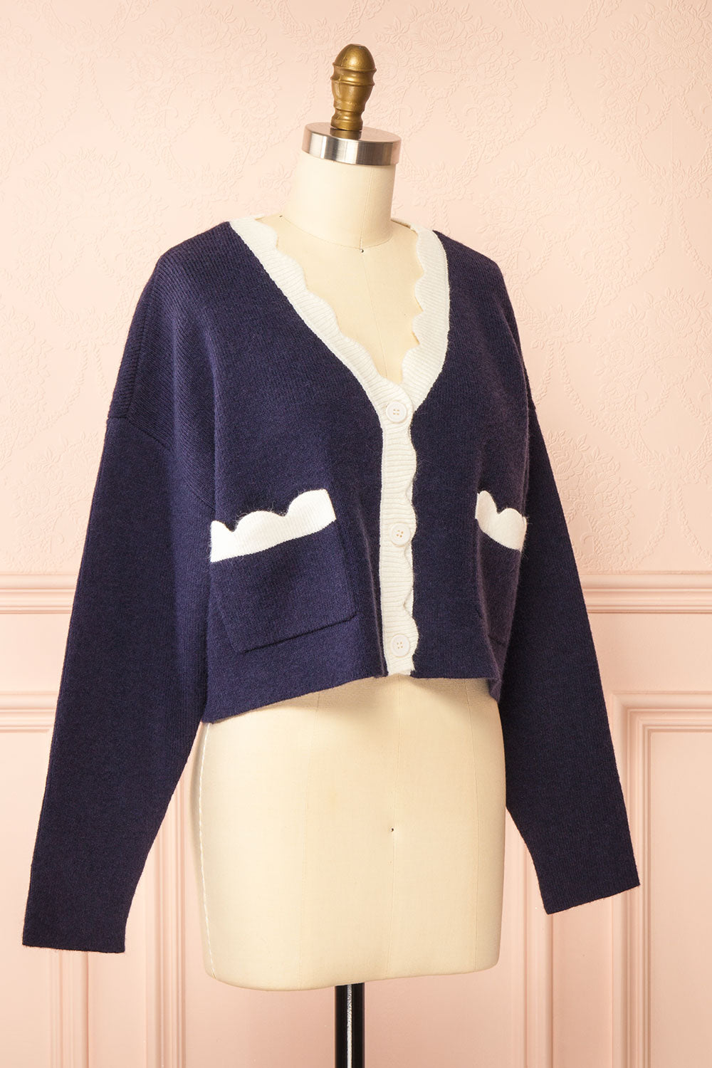 Sayda Navy Cropped Cardigan with Scalloped Hem | Boutique 1861 side view