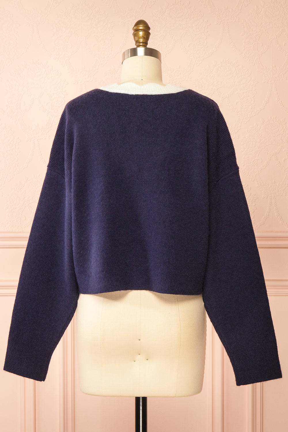 Sayda Navy Cropped Cardigan with Scalloped Hem | Boutique 1861 back view