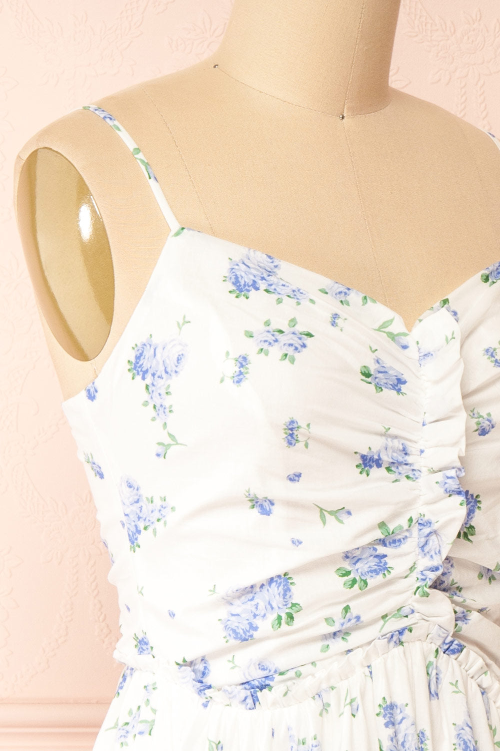 Sayonelle Short White A-line Dress w/ Blue Floral Motif | Boutique 1861 side
