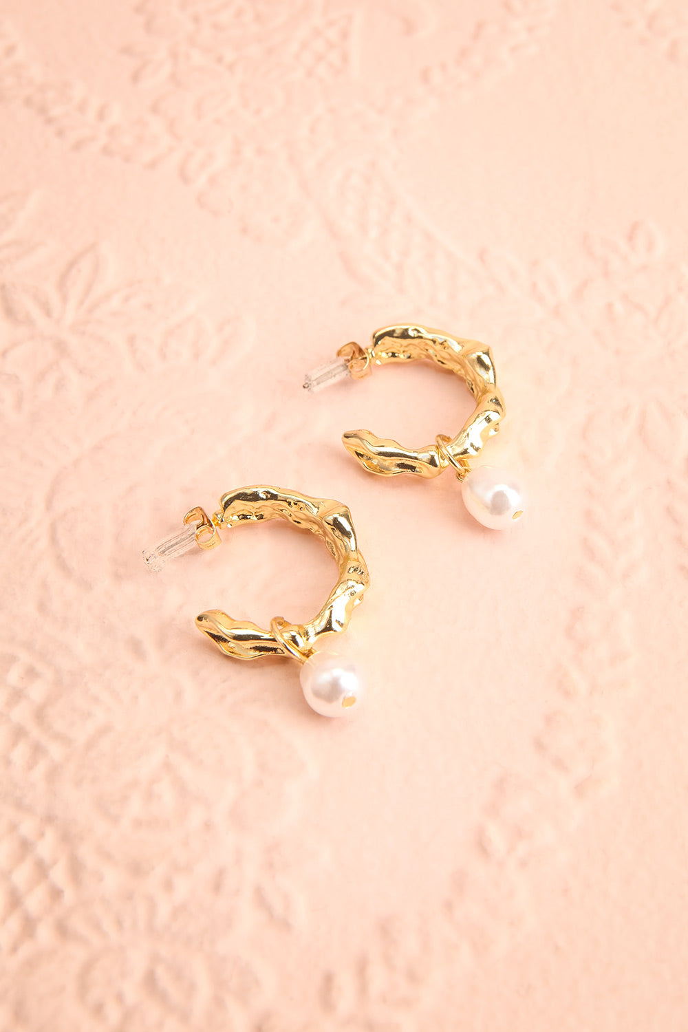 Scaris Gold Textured Hoop Earrings w/ Pearl Charm Boutique 1861