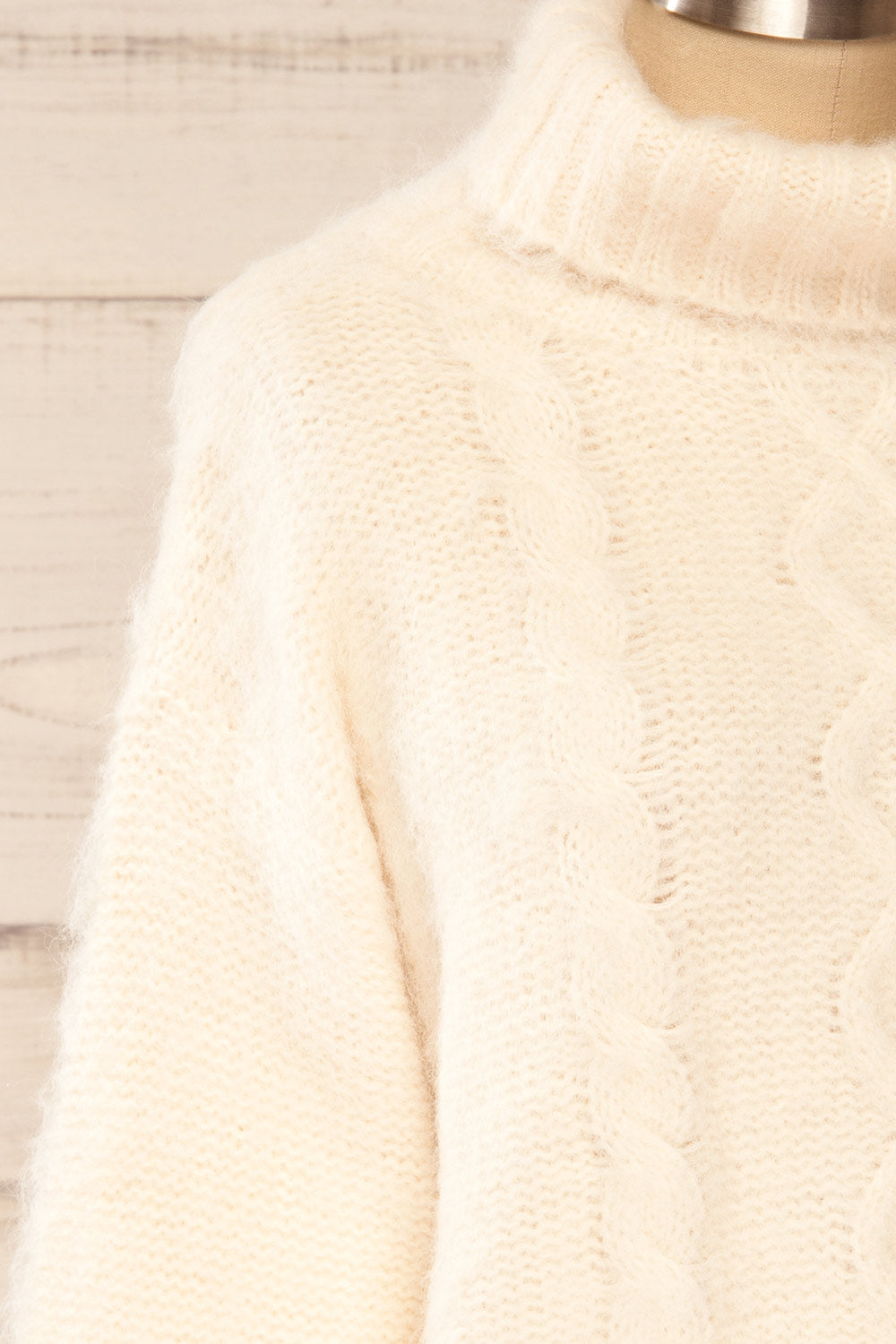 Seattle Ivory Fuzzy Knit Turtleneck Sweater | La petite garçonne side close-up