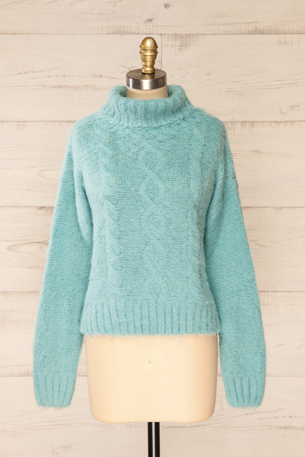 Seattle Teal Fuzzy Knit Turtleneck Sweater | La petite garçonne front view