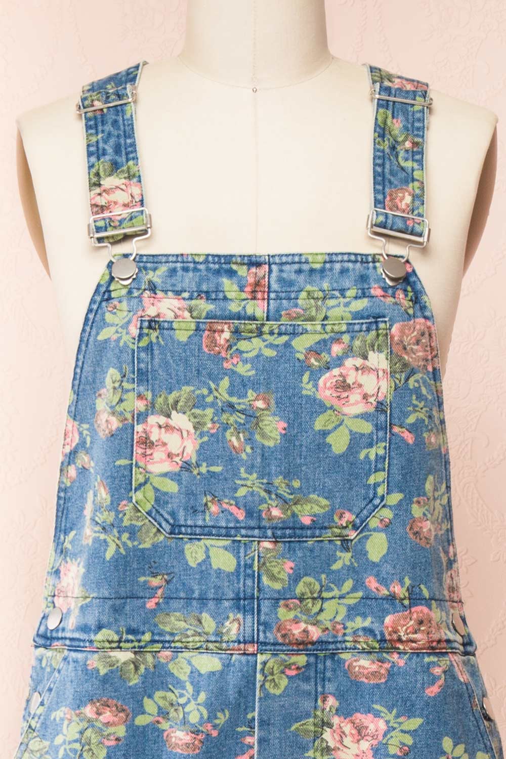 Seba Rose Pattern Denim Overalls | Boutique 1861 front close-up