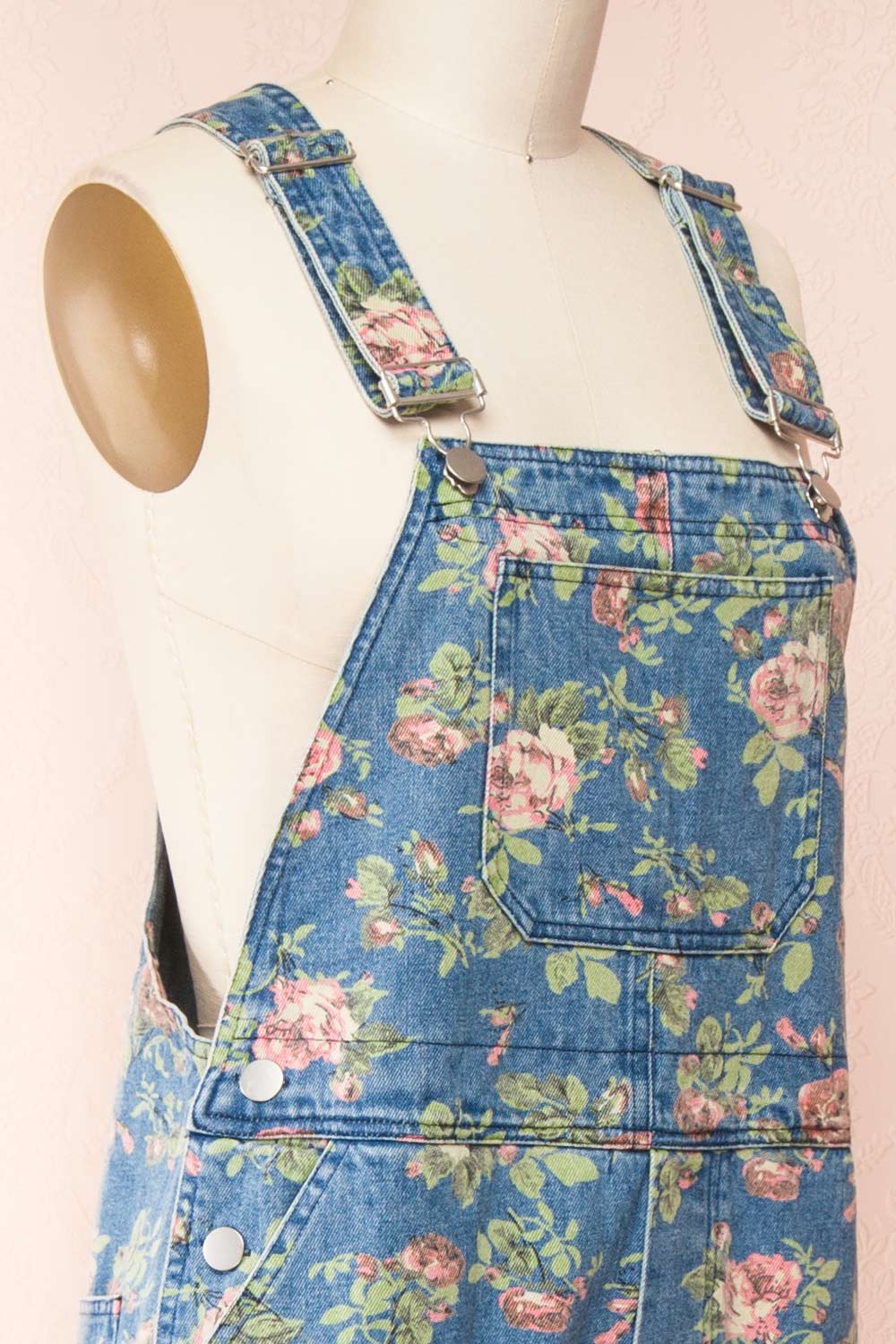 Seba Rose Pattern Denim Overalls | Boutique 1861 side close-up