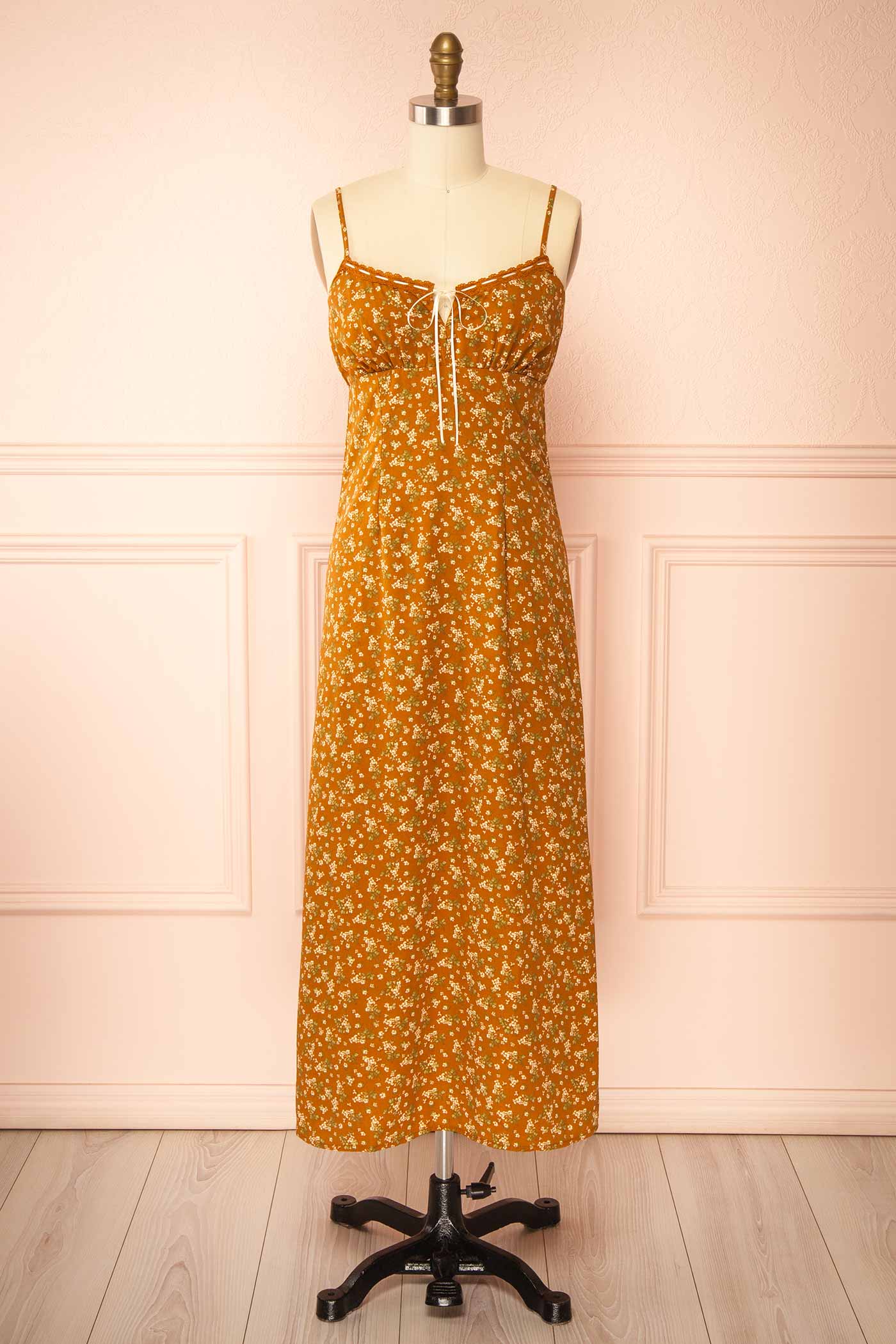 Selar | Brown Floral Midi Dress with Lace Trim and Tie Front