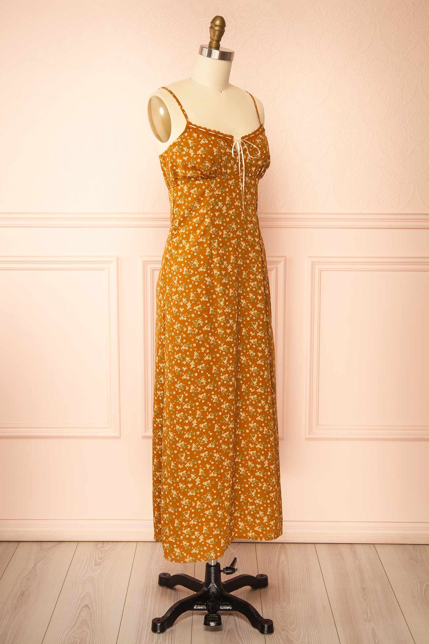 Selar | Brown Floral Midi Dress with Lace Trim and Tie Front