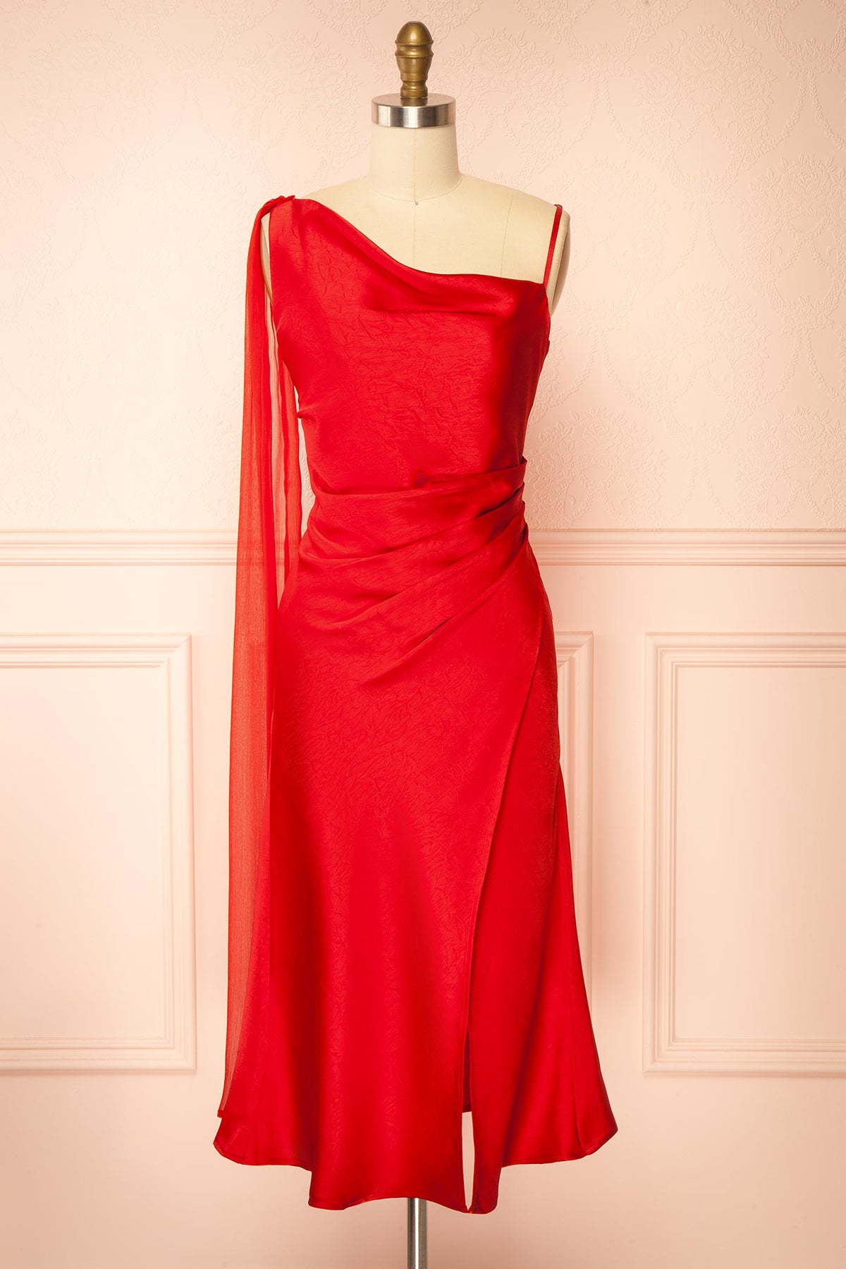 front view of Seleana Red Satin Midi Slip Dress at Boutique 1861
