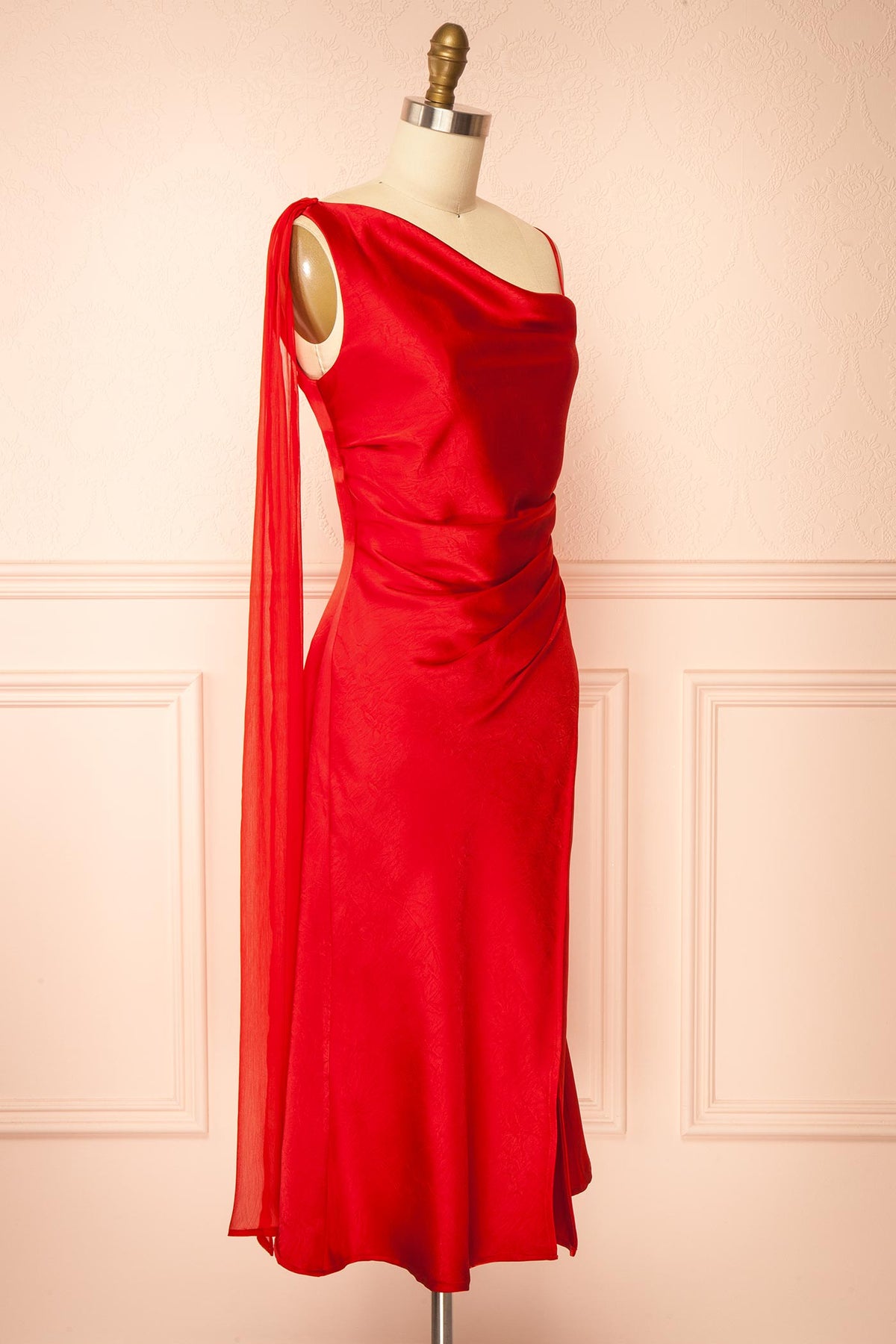 side view of Seleana Red Satin Midi Slip Dress at Boutique 1861