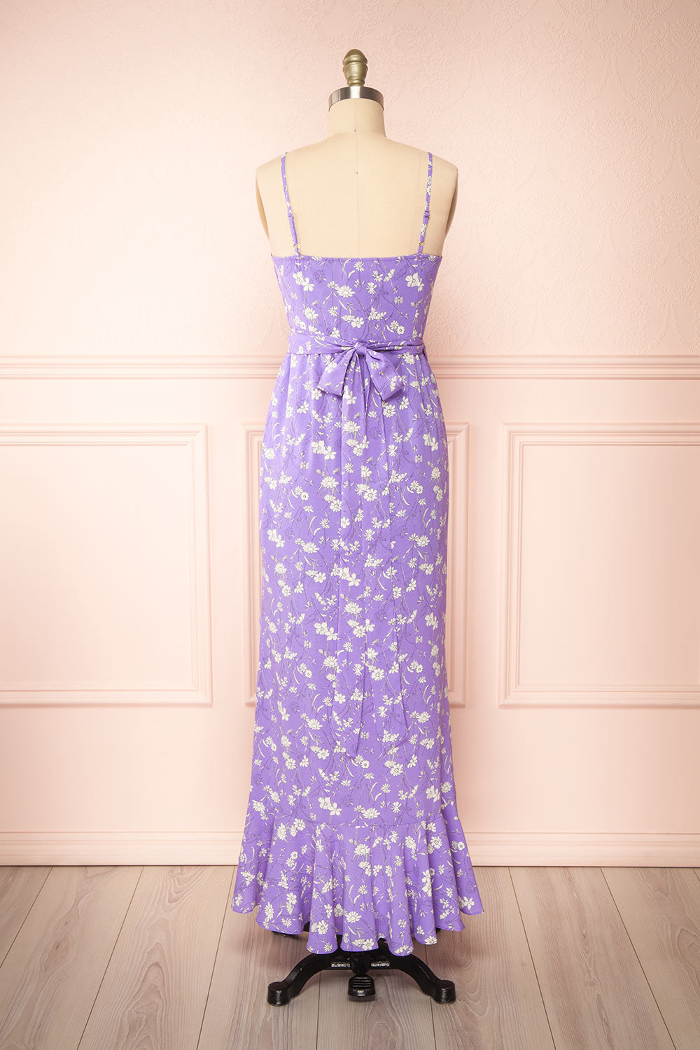 Selene Lavender Floral Midi Wrap Dress w/ Ruffles | Boutique 1861 back view