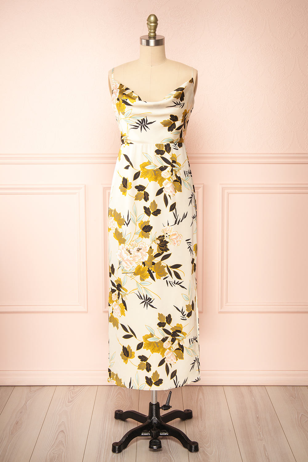 Selvi Ivory Floral Cowl Neck Midi Dress