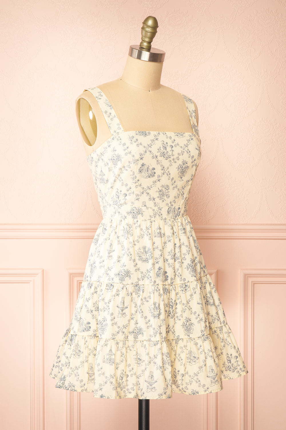 Selvina Short Beige Dress w/ Vintage Motif | Boutique 1861 side view