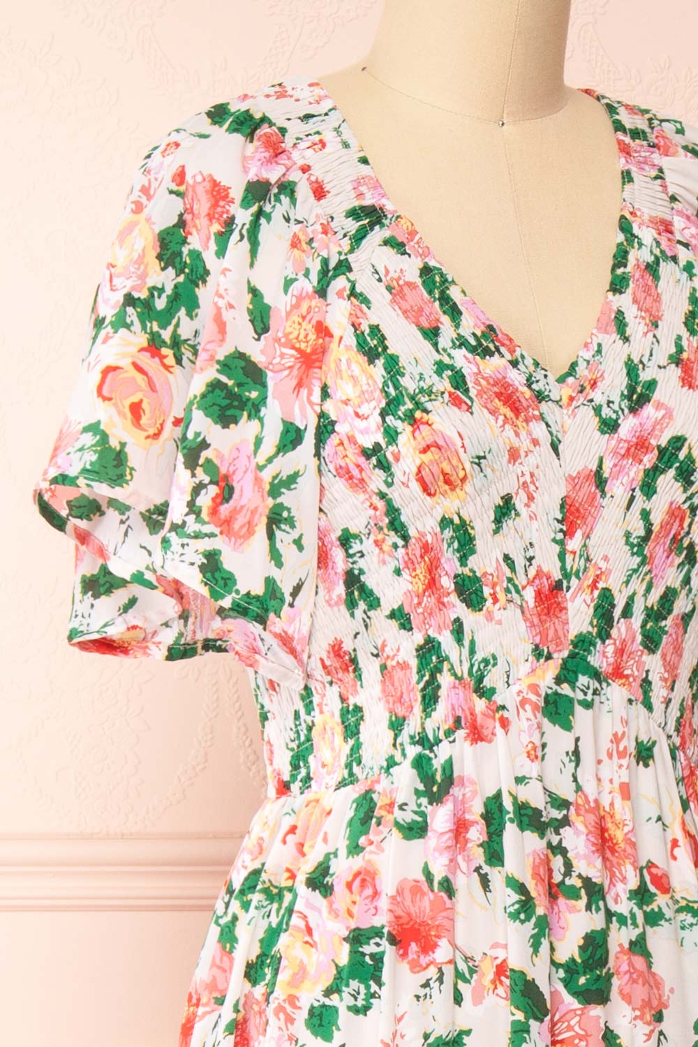 Senna Floral Midi Dress w/ Ruched Bust | Boutique 1861 side close-up