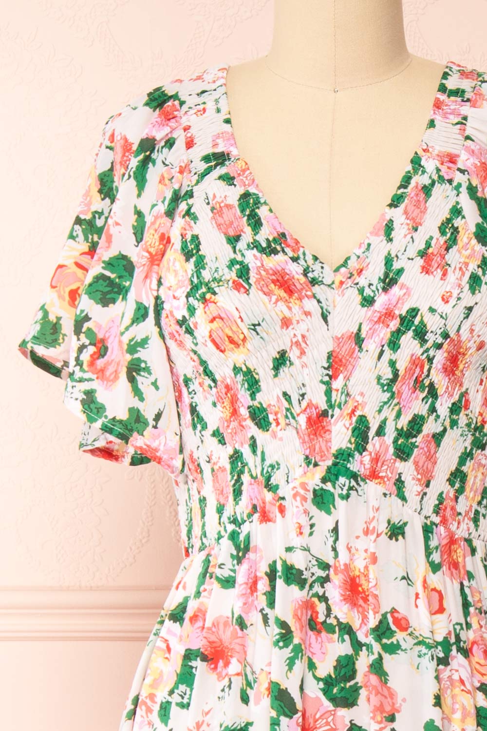 Senna Floral Midi Dress w/ Ruched Bust | Boutique 1861 front close-up