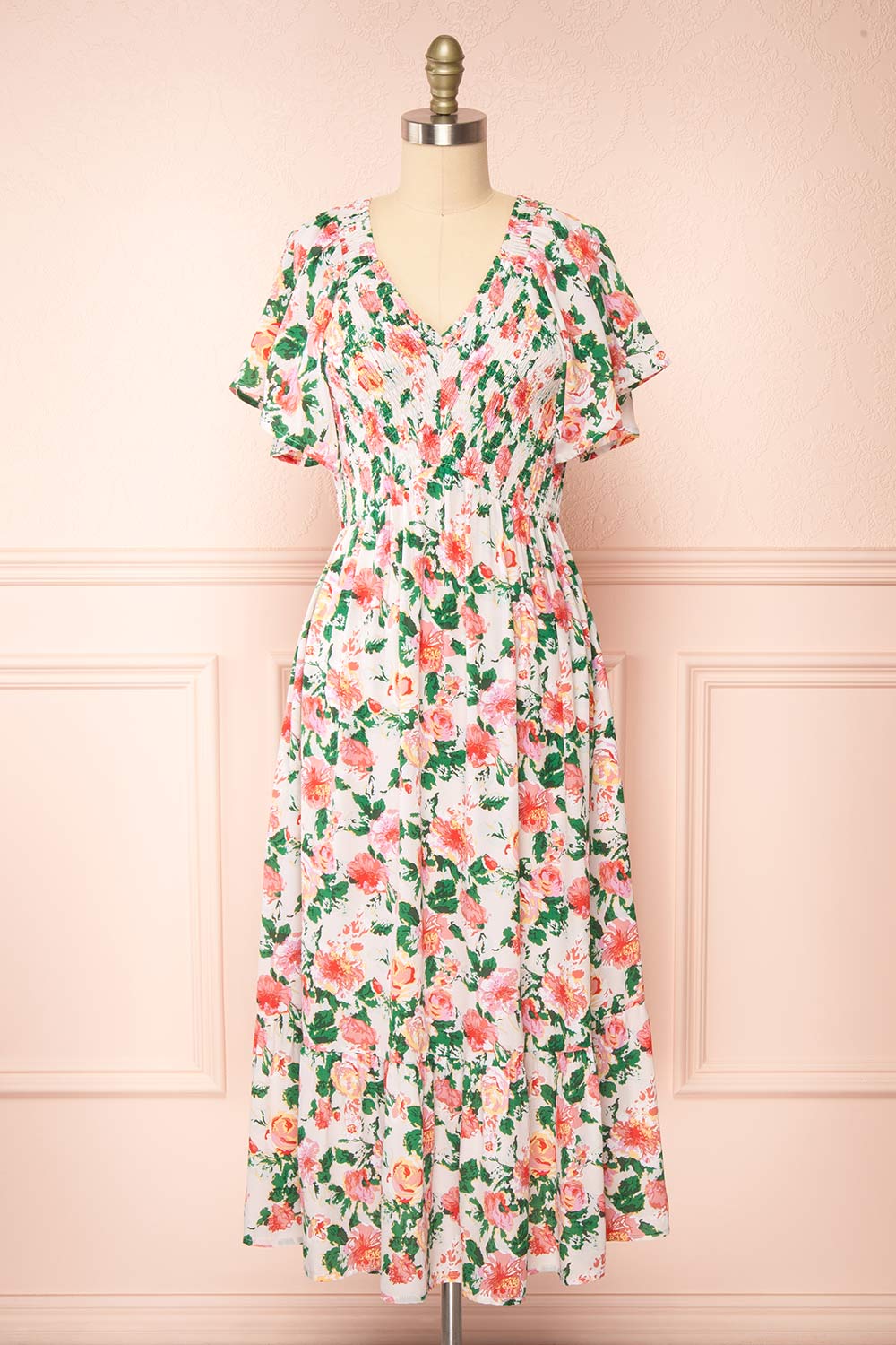Senna Floral Midi Dress w/ Ruched Bust | Boutique 1861 front view