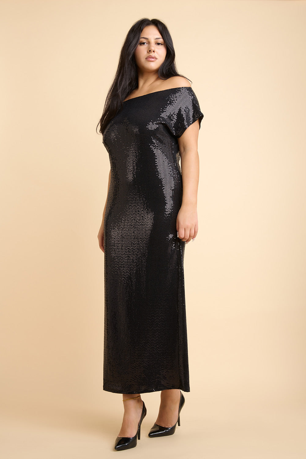 Seralie Black Sequin Maxi Dress w/ Slit | La petite garçonne side on model