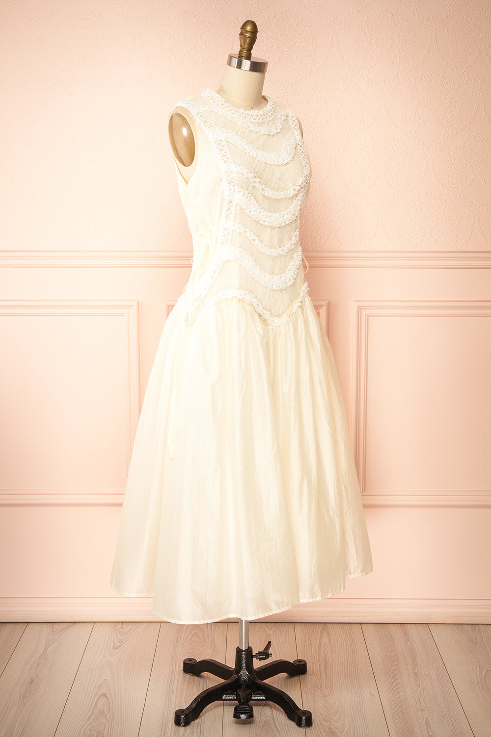 Shania Ivory Sleeveless Midi Dress with Textured Details | Boudoir 1861 side view