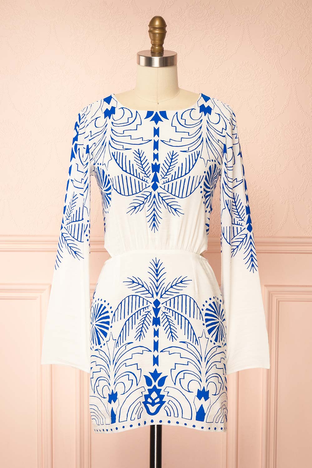 Sharon Short White Dress with Contrast Print | Boutique 1861 front view