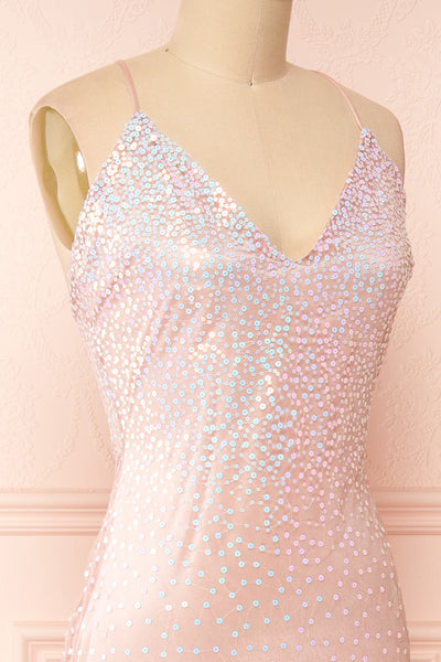 Shatta Pink Maxi Dress w/ Sequins and Tulle | Boutique 1861 side close-up