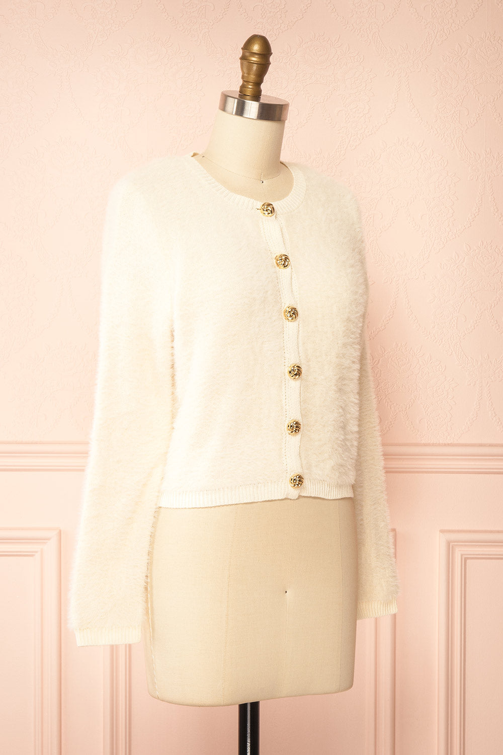 Shawna Ivory Fuzzy Knit Cardigan with Gold Buttons | Boutique 1861 side view