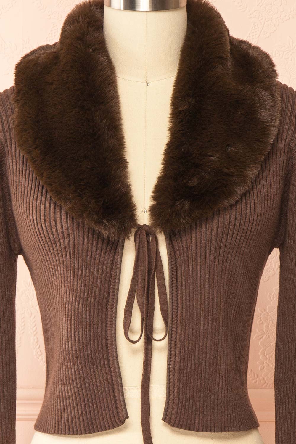 Sherie Brown Ribbed Cardigan with Faux Fur Collar | Boutique 1861 front