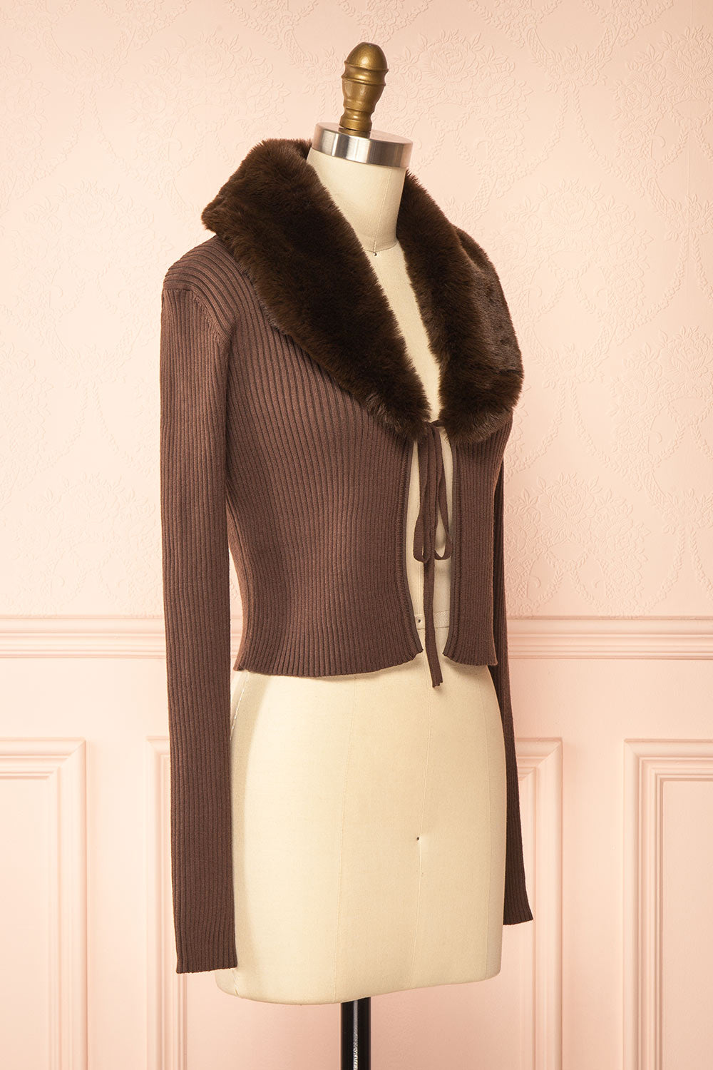 Sherie Brown Ribbed Cardigan with Faux Fur Collar | Boutique 1861 side view