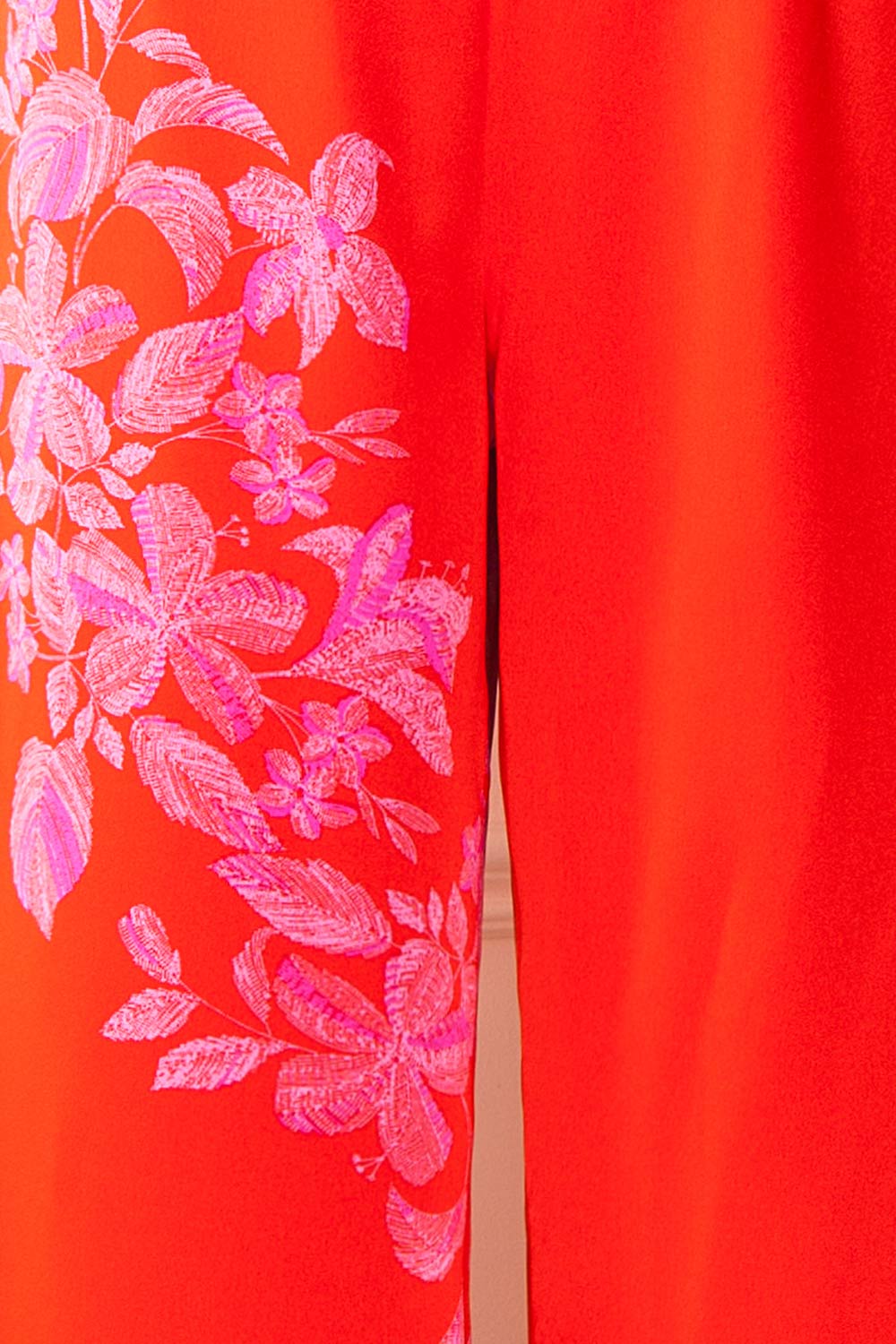 Sherry Red Floral Satin Jumpsuit w/ Slits | Boutique 1861 fabric