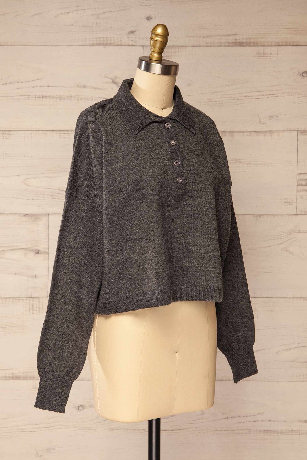 side view of Shigawake Grey Cropped Polo Sweater at La petite garçonne