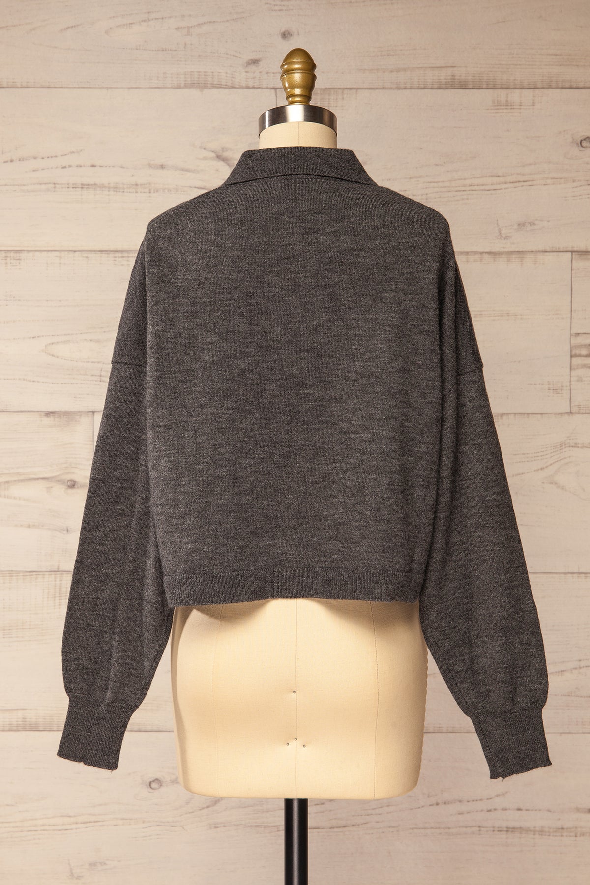 back view of Shigawake Grey Cropped Polo Sweater at La petite garçonne