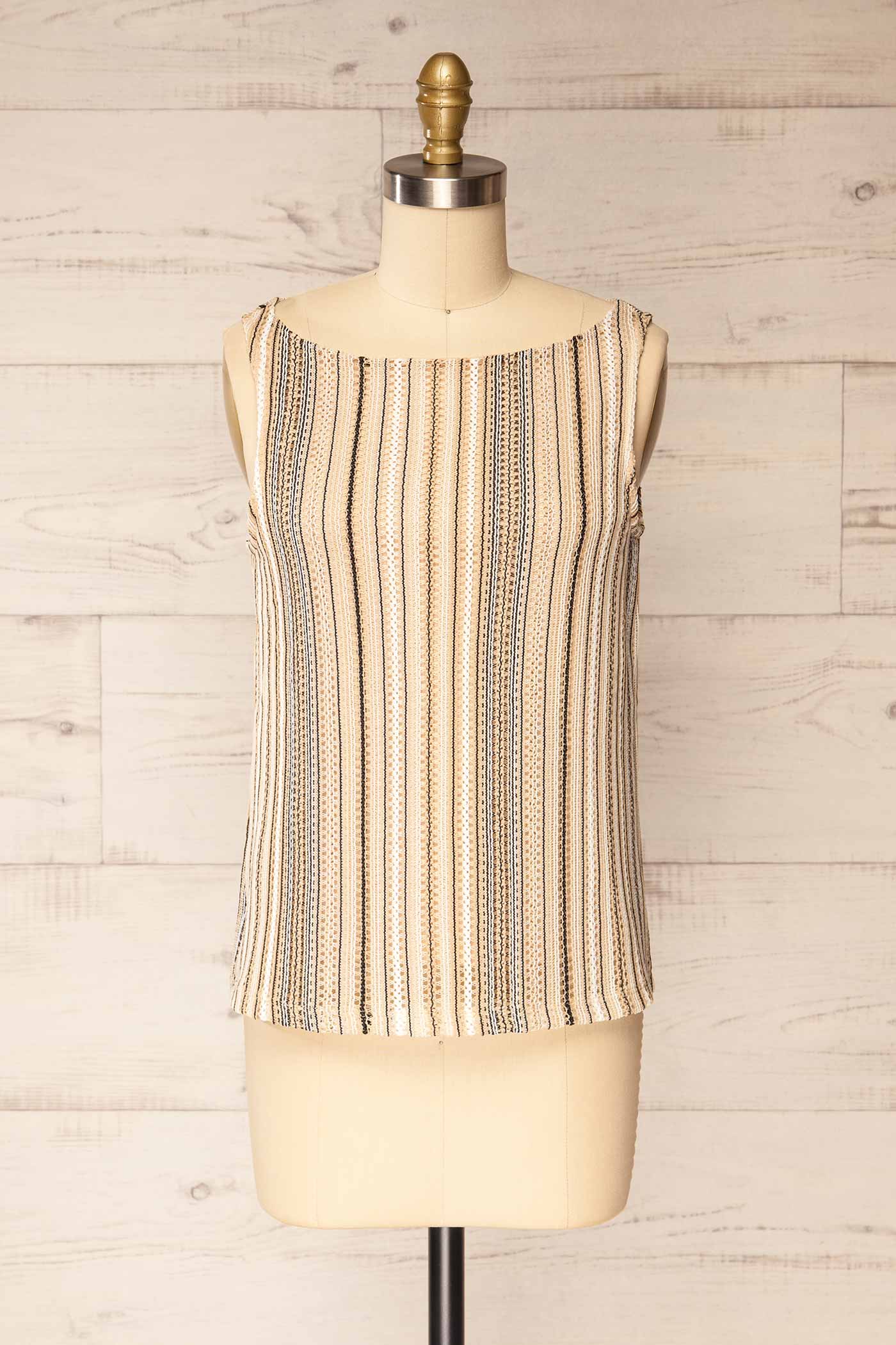 Shimla Beige Multi-Color Stripe Sleeveless Crochet Top | La petite garçonne front