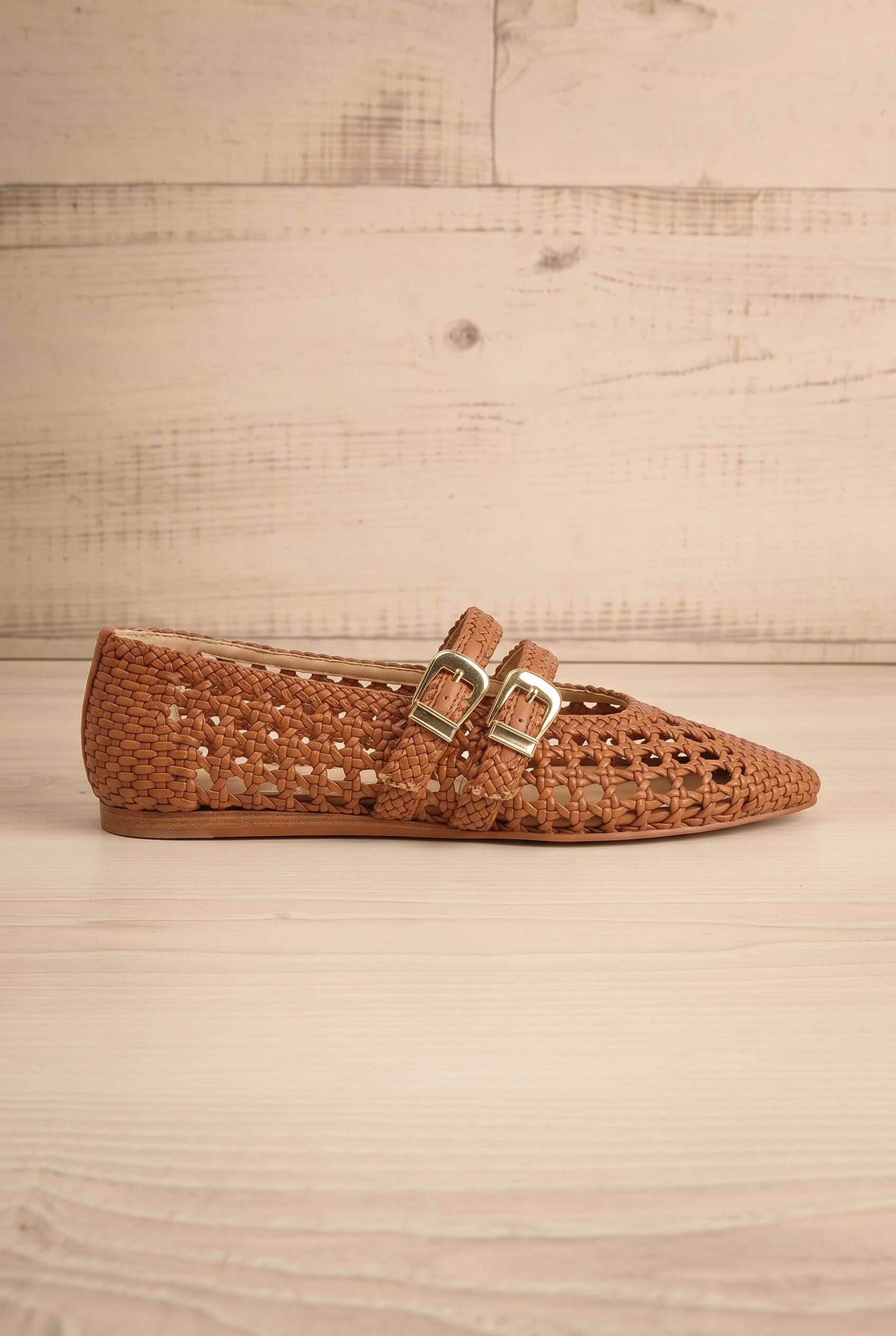 Side view Iglesias Brown Woven Double Strap Flats from Dolce vita at la petite garçonne