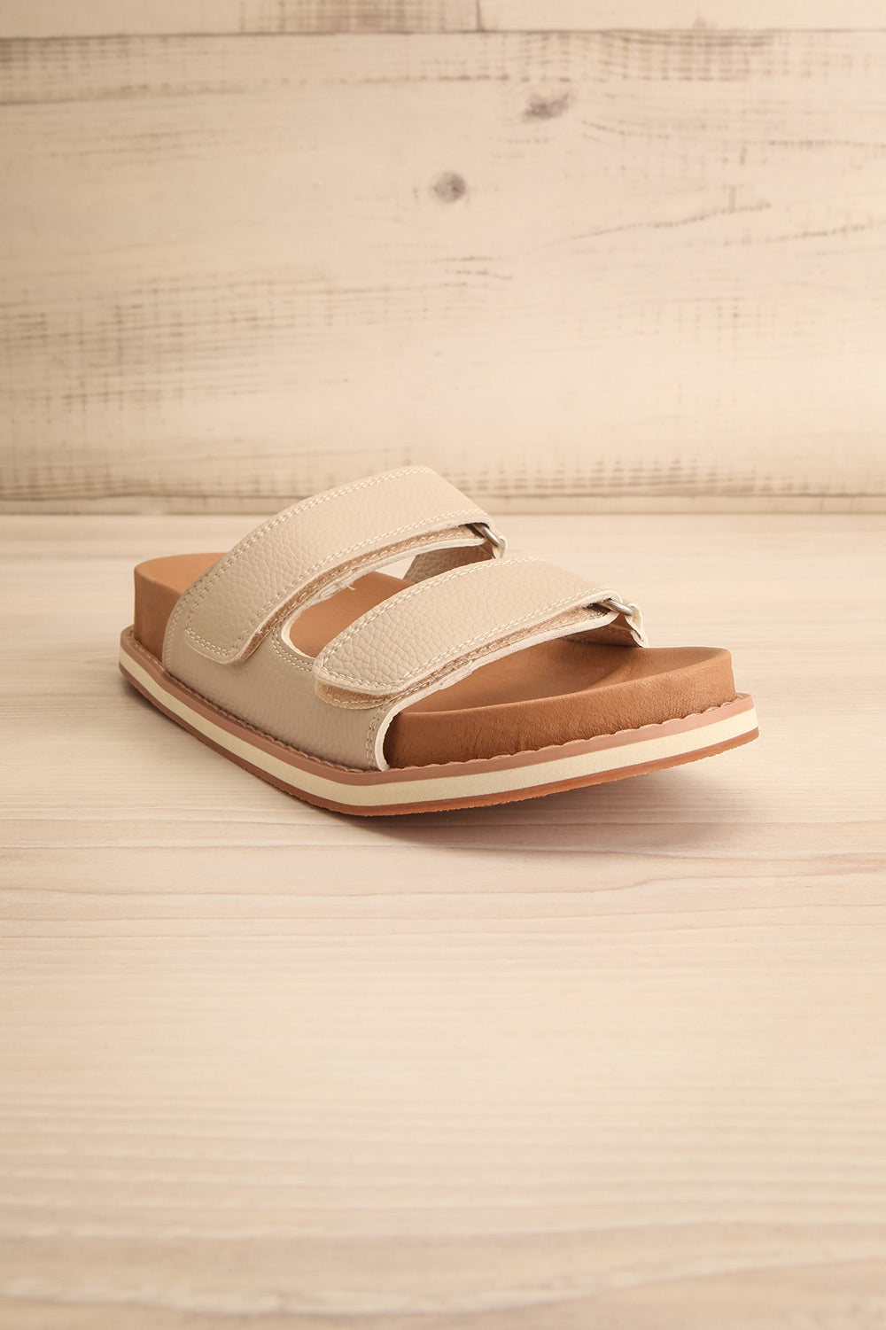 Siemna Grey Slide Sandals w/ Velcro Straps | La petite garçonne front view
