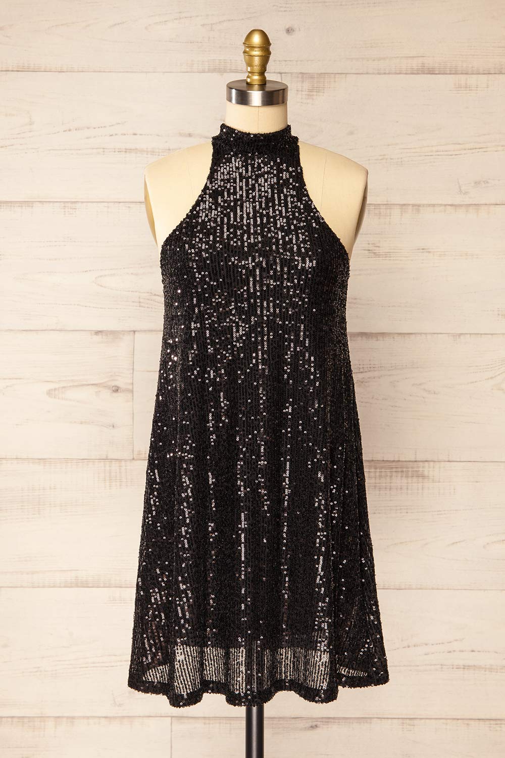 Singapour Black Short Sequin Dress w/ High Neck | La petite garçonne front view