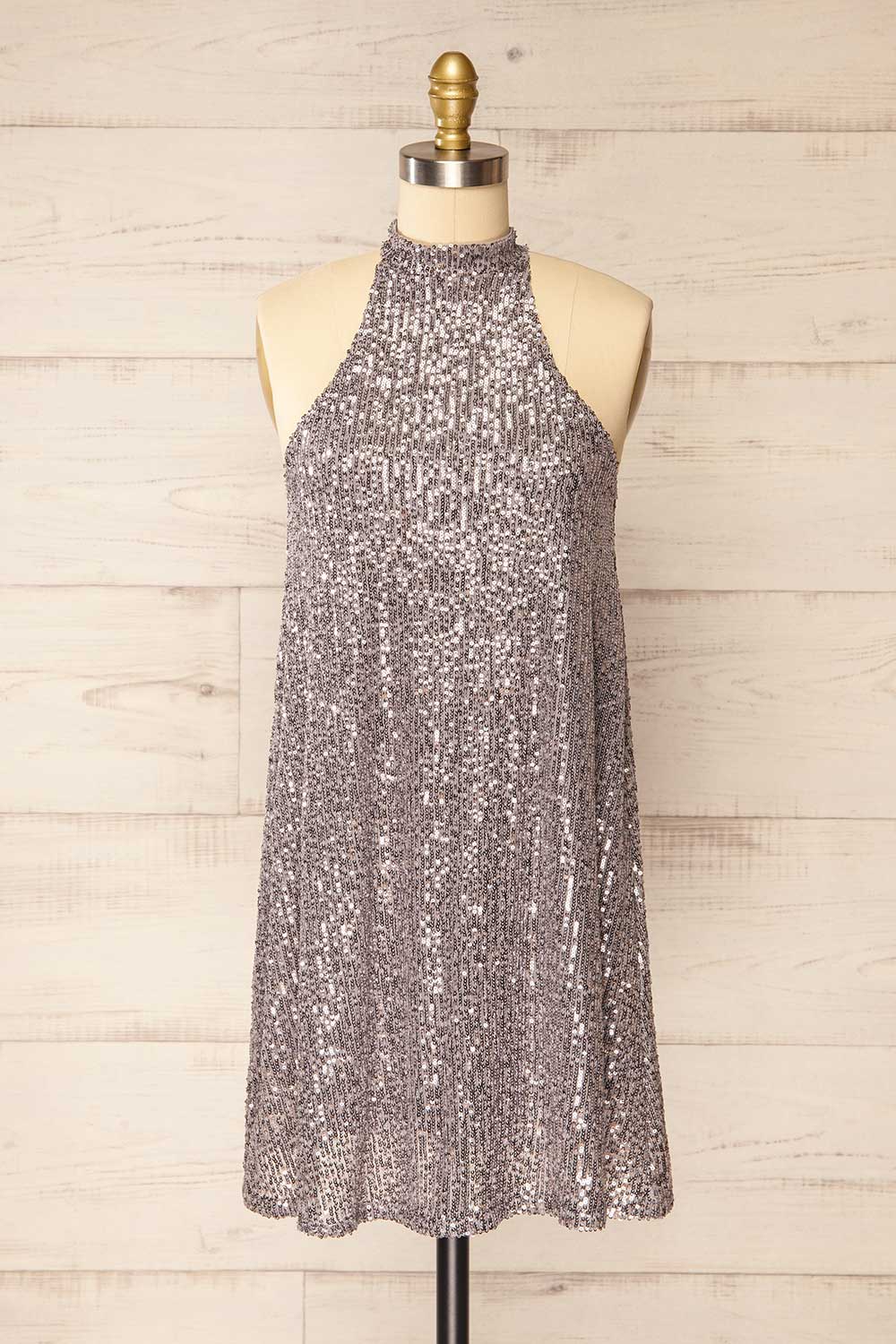 Singapour Silver Short Sequin Dress w/ High Neck