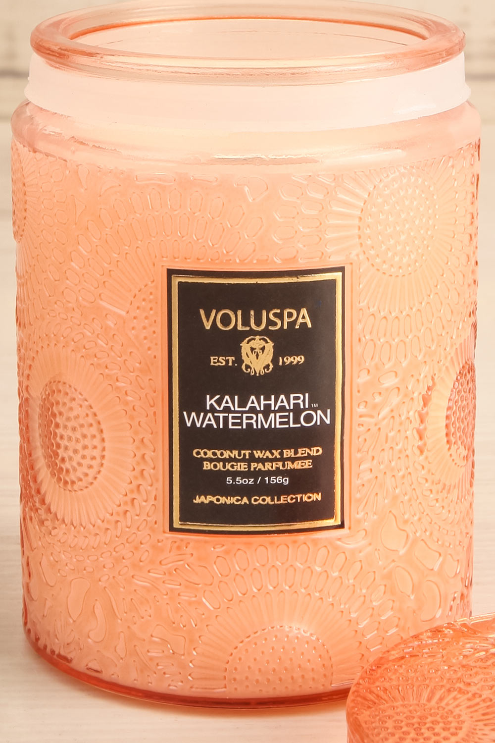 Kalahari Watermelon Small Jar Candle by Voluspa | Maison garçonne open close-up