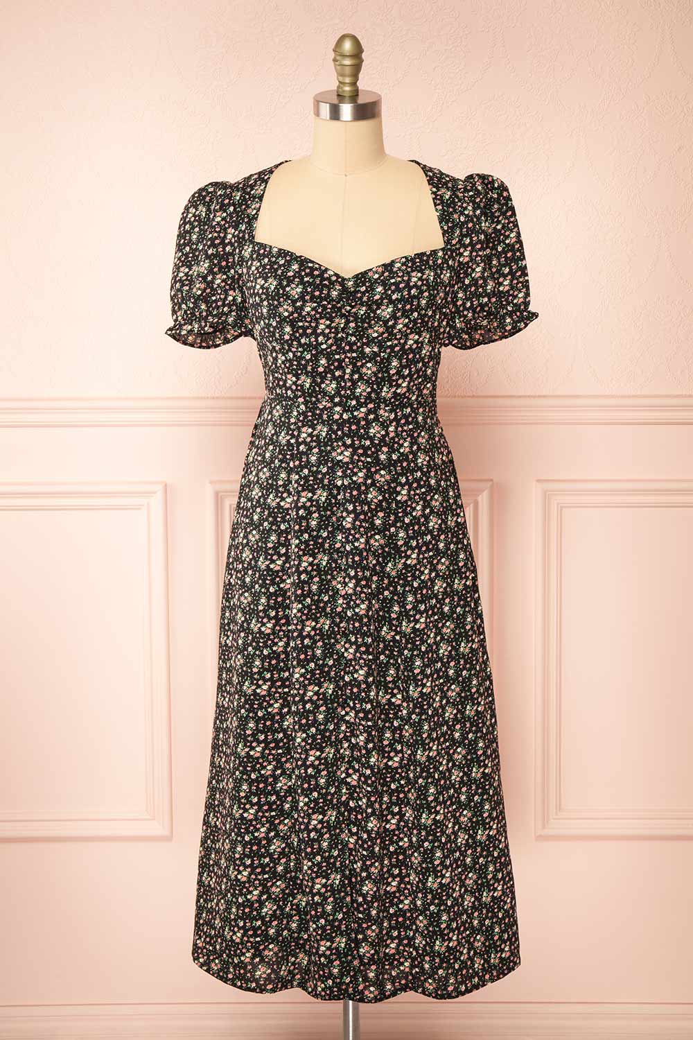Sokka Black Floral Midi Dress w/ Short Sleeves | Boutique 1861 front view