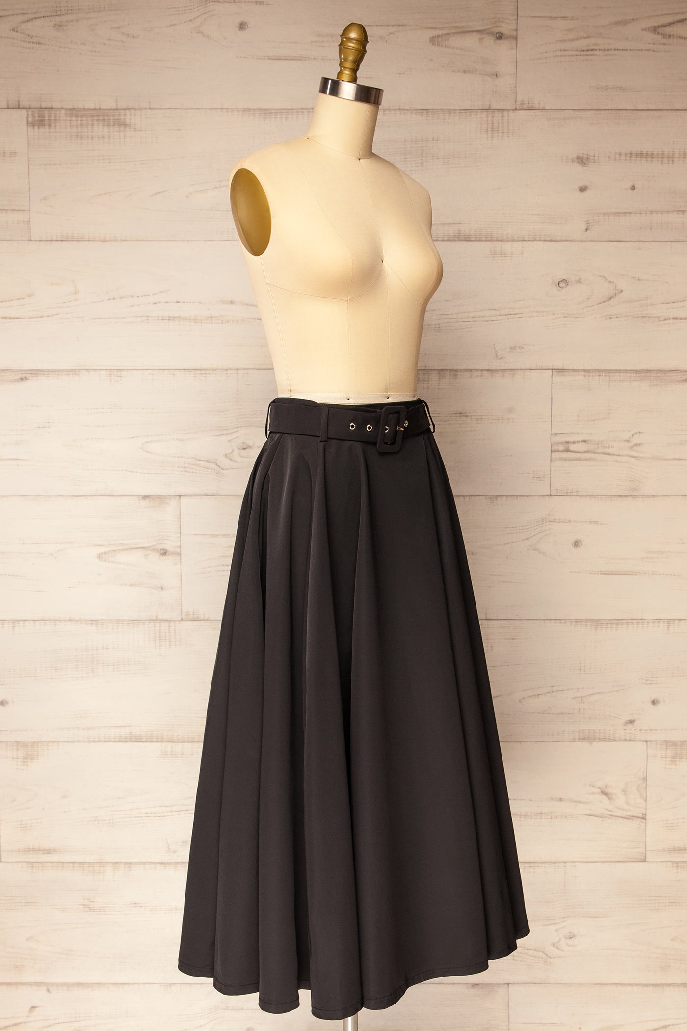 Sideview Solara Black A-Line Maxi Skirt with Belt and Pockets at la petite garçonne