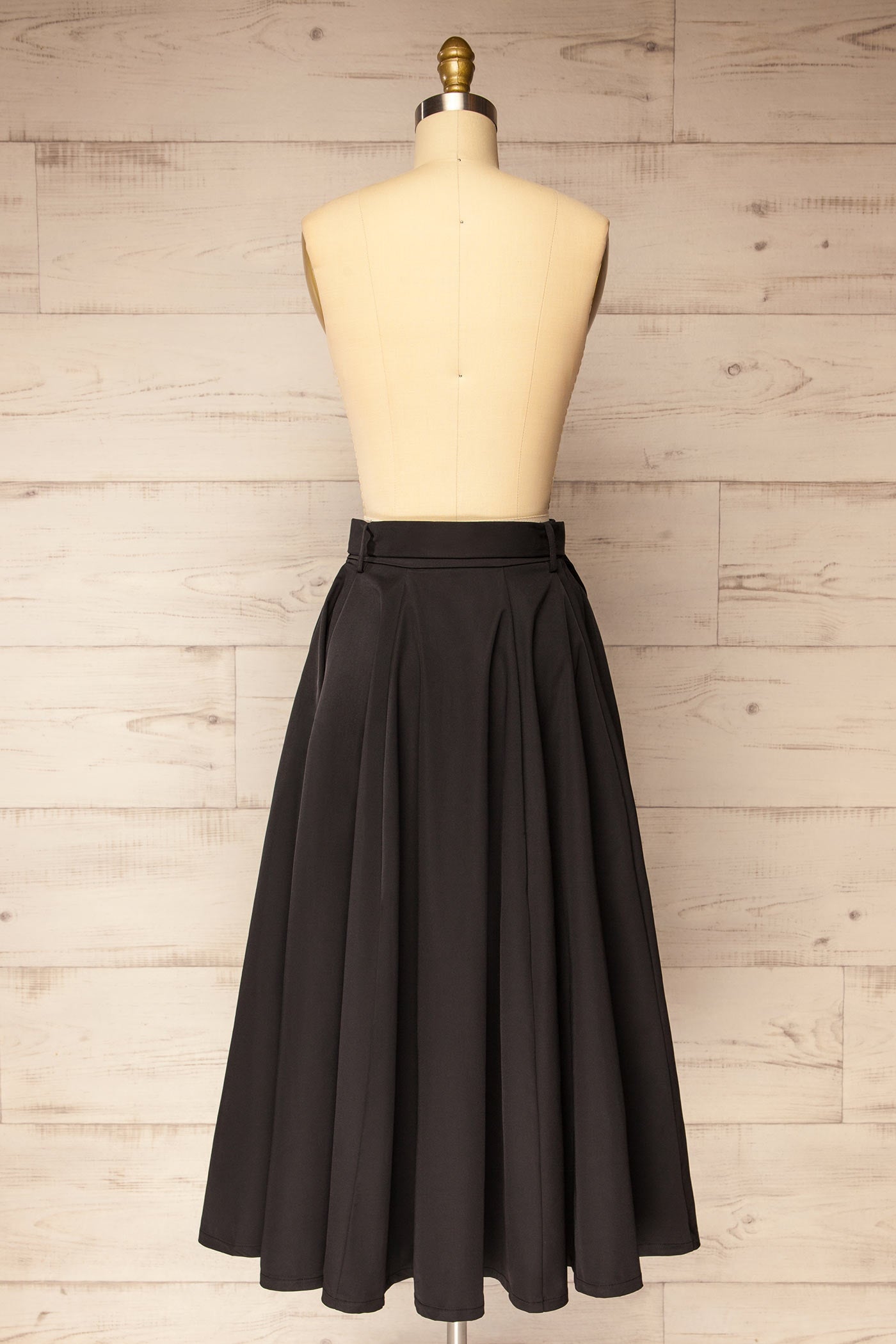 Backview Solara Black A-Line Maxi Skirt with Belt and Pockets at la petite garçonne