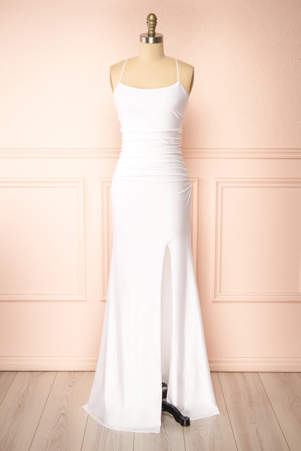 Sonia White Backless Mermaid Maxi Dress w/ Slit | Boudoir 1861 front view