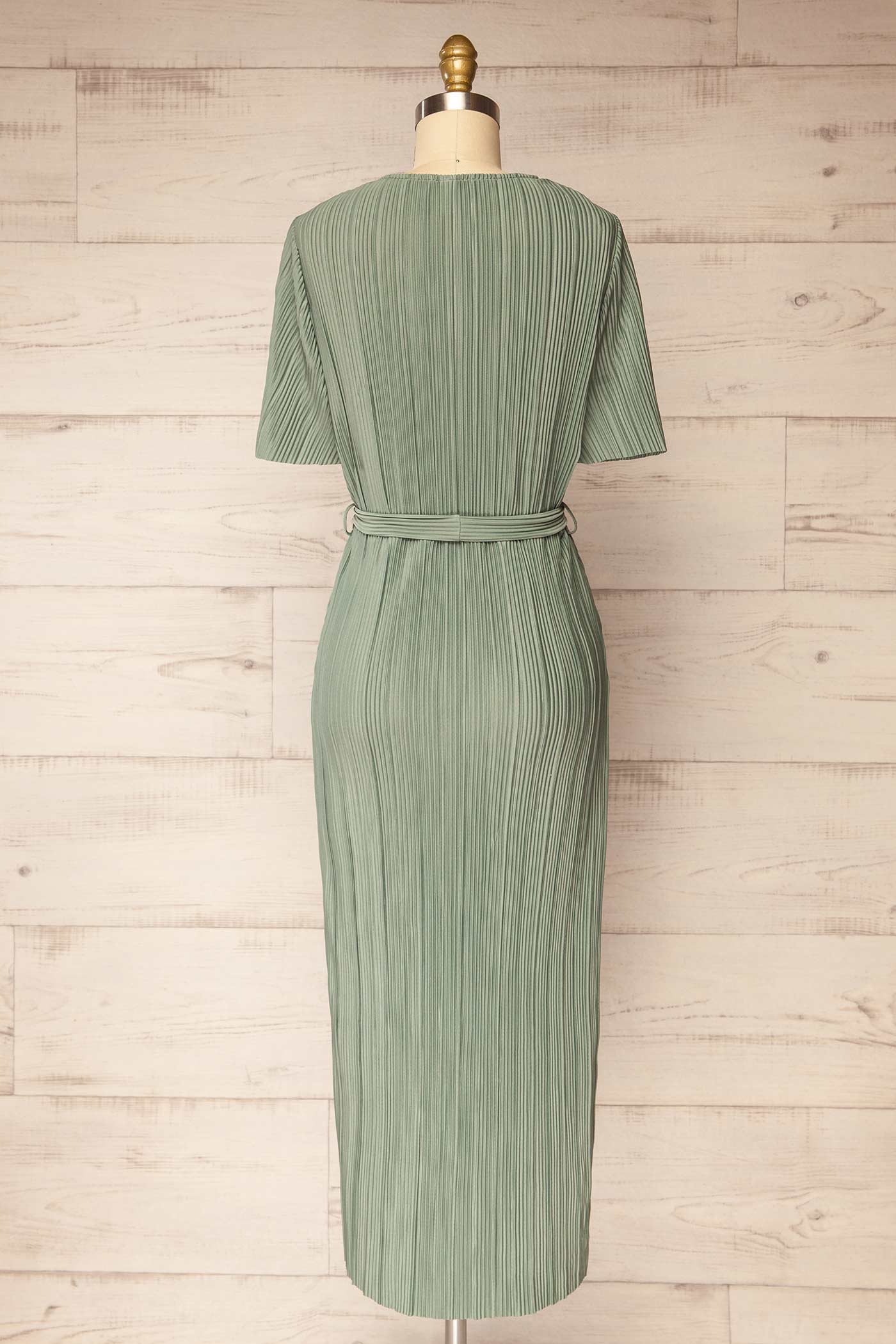 Sonipat | Green Plissé Flutter Sleeve Wrap Midi Dress with Belt