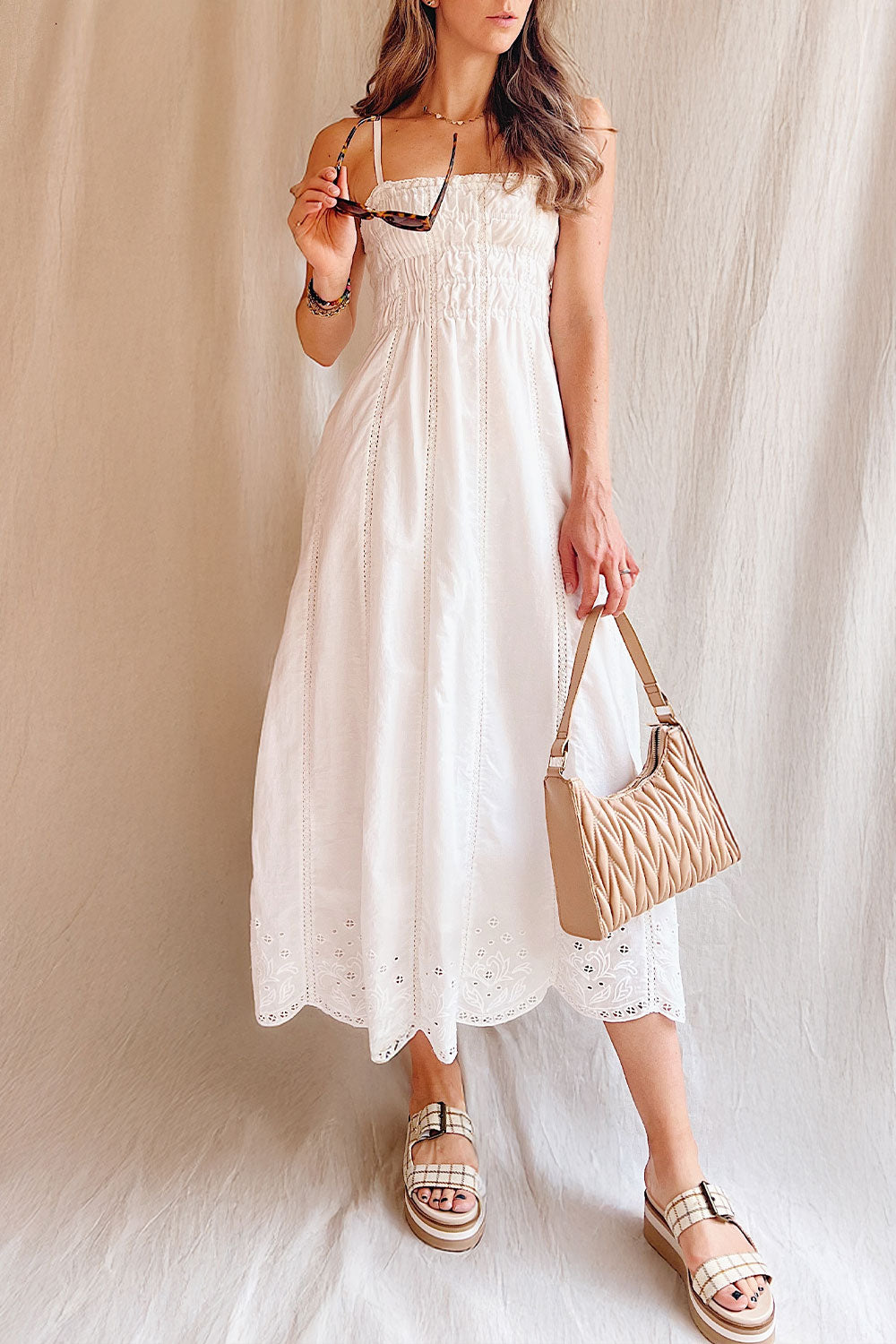 Sonna | Midi White Dress with Eyelets Details | front view on model
