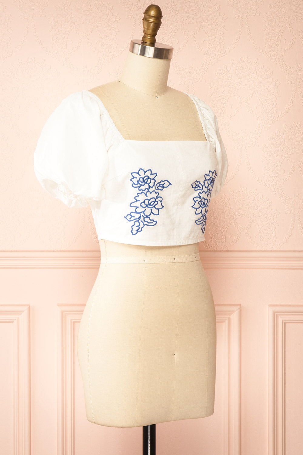 Sonnet White Corset Top with Blue Floral Embroidery | Boutique 1861 side view