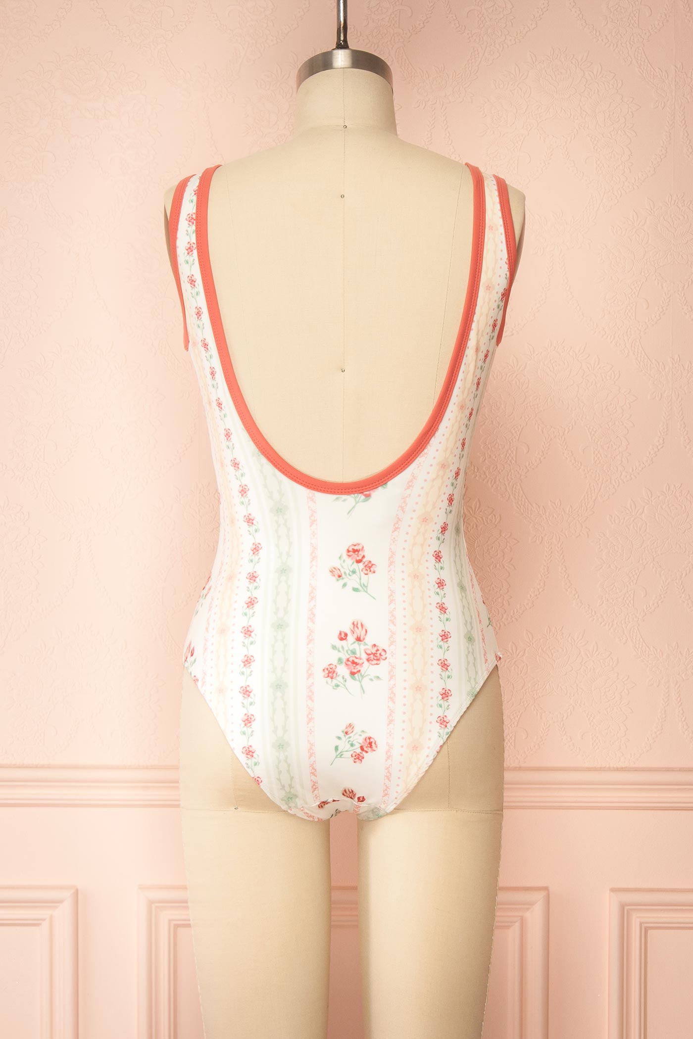 Back view Soobin Floral Print Swimsuit and Wrap Midi Skirt Set at boutique 1861