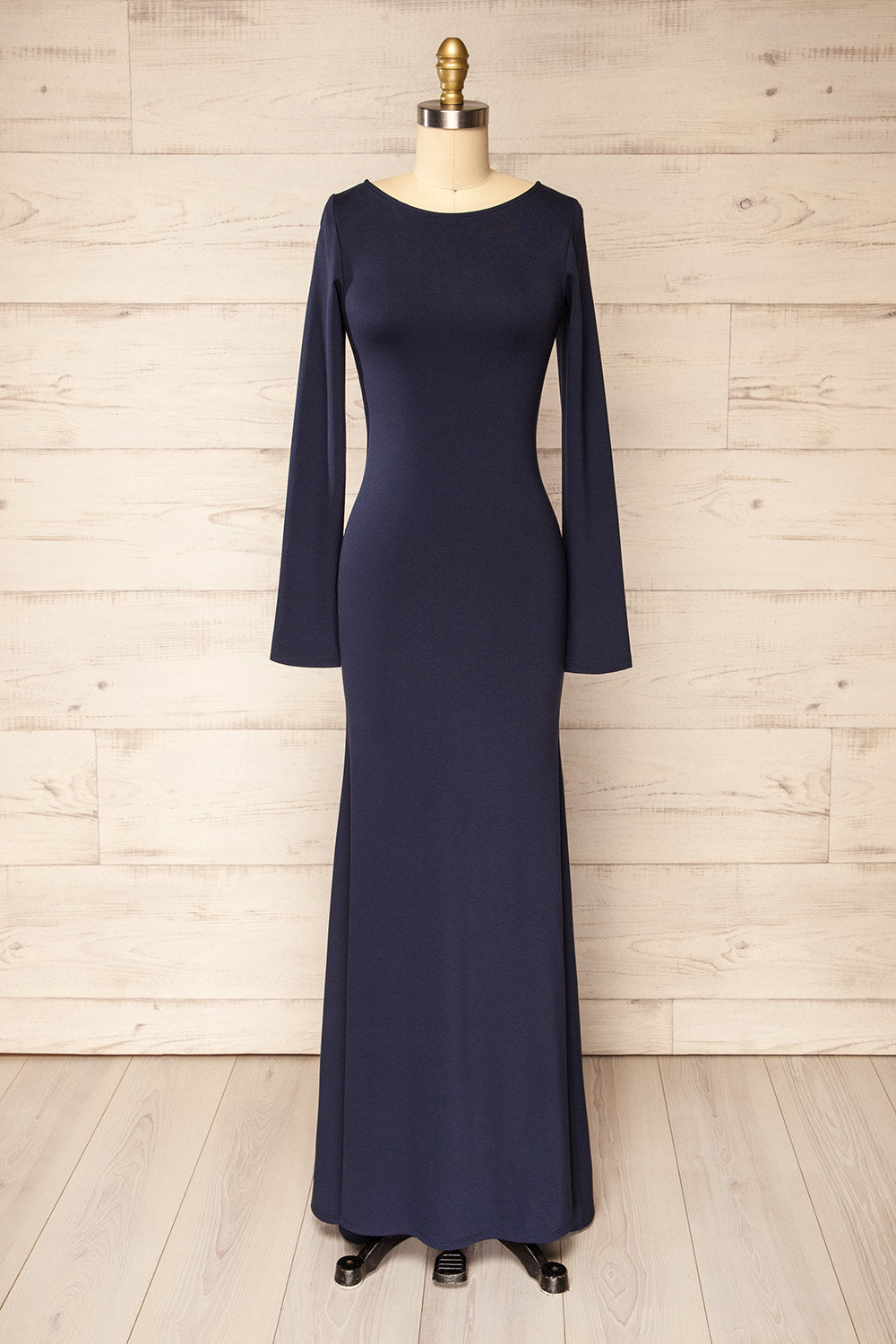Sophya Navy Long Sleeved Mermaid Maxi Dress | La petite garçonne front view